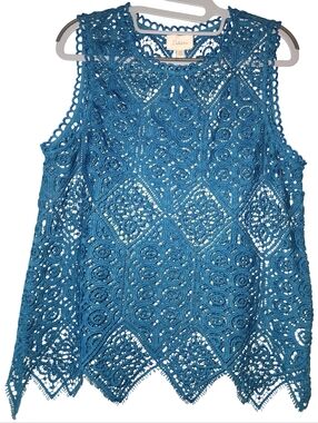 ANTHROPOLOGIE Deletta Teal Blue Crochet Lace Bohemian Inspired Tank Top Sz S EUC